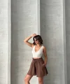 Volanlı keten şort kahve s255058