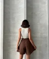 Volanlı keten şort kahve s255058