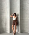 Volanlı keten şort kahve s255058