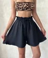 Volanlı keten şort siyah s255058
