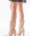 VRT-4815 Bej Yüksek Kalın Topuklu Körüklü Fermuarlı Kadın Bot