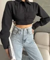 Yanı kemer detaylı crop gömlek siyah s4009