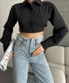 Yanı kemer detaylı crop gömlek siyah s4009