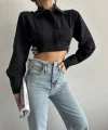 Yanı kemer detaylı crop gömlek siyah s4009