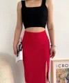 Yırtmaçlı esnek kumaş midi boy etek koyu kırmızı