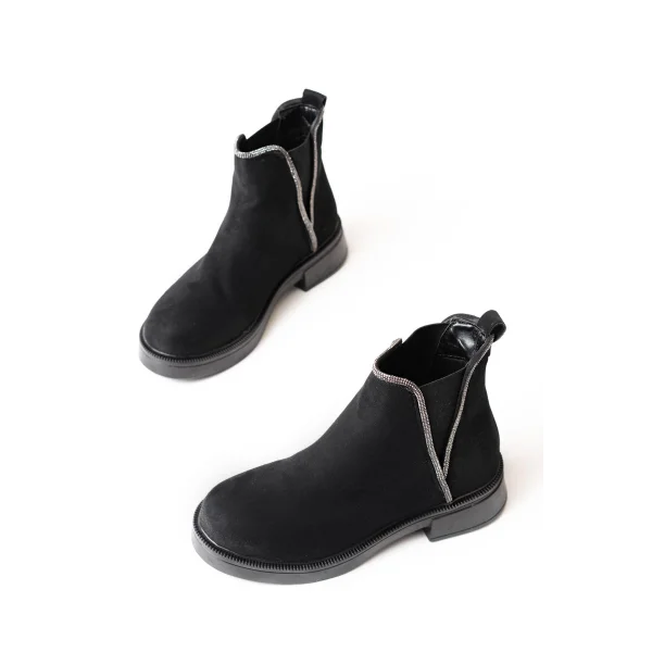 02-02 Siyah Süet Taş Aksesuarlı Lastikli Günlük Kadın Bot