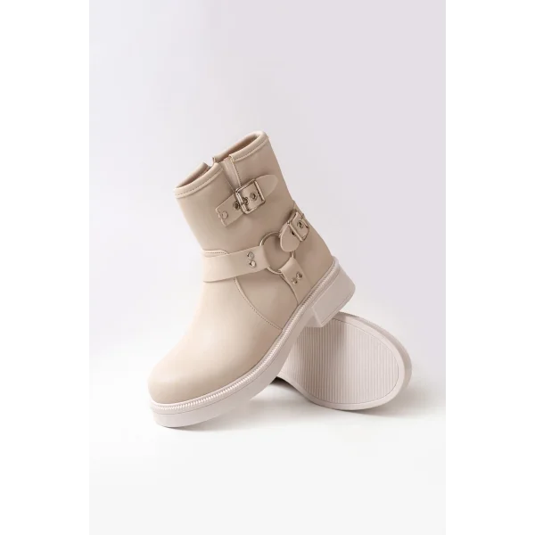 02-2013 Bej Toka Aksesuarlı Fermuarlı Günlük Kadın Bot