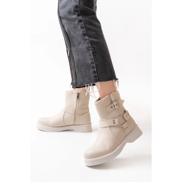 02-2013 Bej Toka Aksesuarlı Fermuarlı Günlük Kadın Bot