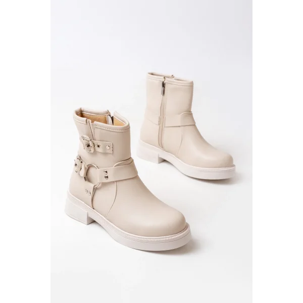 02-2013 Bej Toka Aksesuarlı Fermuarlı Günlük Kadın Bot