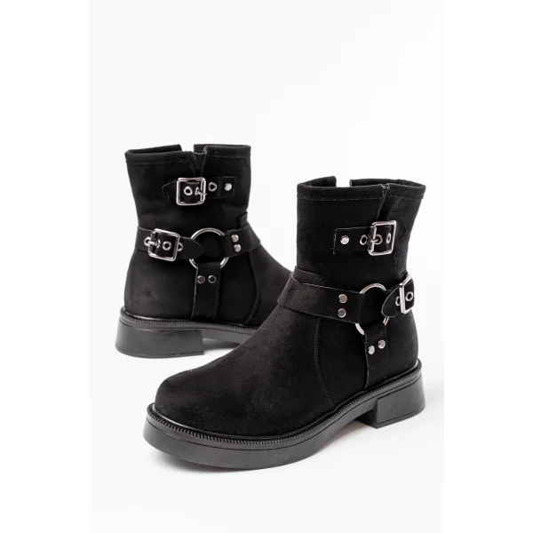 02-2013 Siyah Süet Toka Aksesuarlı Fermuarlı Günlük Kadın Bot