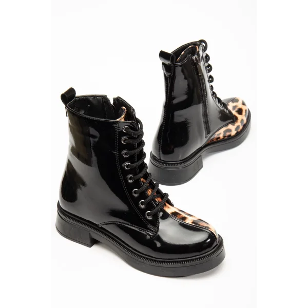02-3055 Siyah Rugan Leopar Bağcıklı Fermuarlı Günlük Kadın Bot