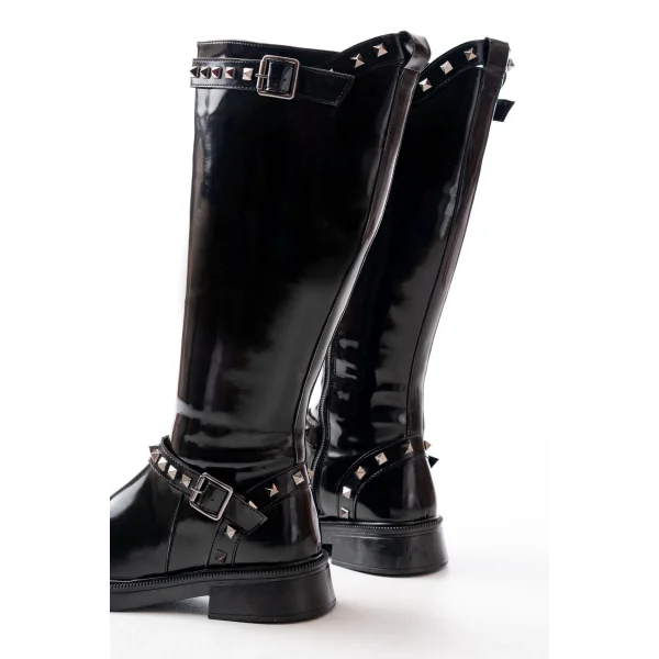 02-307 Siyah Rugan Düz Topuklu Günlük Bayan Binici Çizme