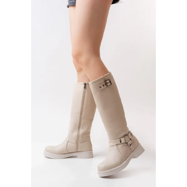 02-312 Bej Toka Aksesuarlı Fermuarlı Günlük Kadın Çizme