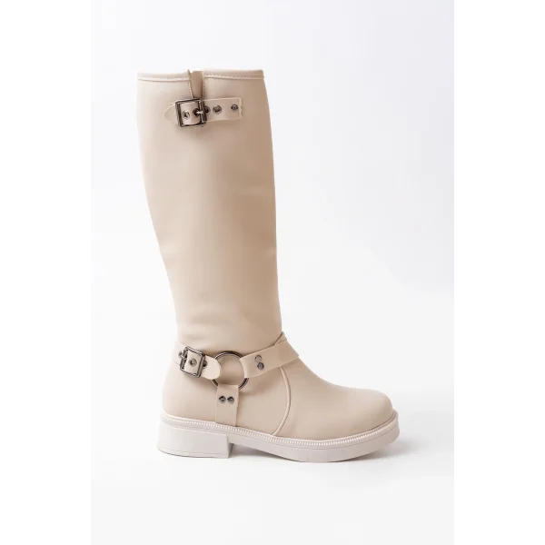 02-312 Bej Toka Aksesuarlı Fermuarlı Günlük Kadın Çizme