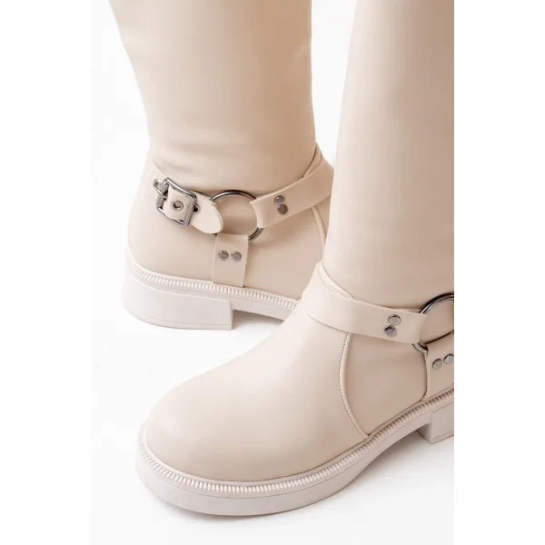 02-312 Bej Toka Aksesuarlı Fermuarlı Günlük Kadın Çizme
