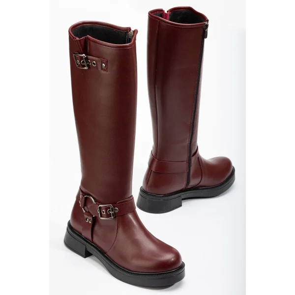 02-312 Bordo Toka Aksesuarlı Fermuarlı Günlük Kadın Çizme