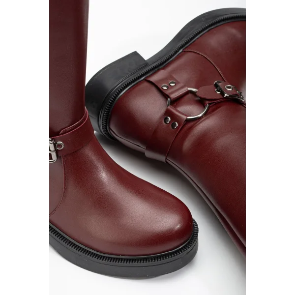 02-312 Bordo Toka Aksesuarlı Fermuarlı Günlük Kadın Çizme