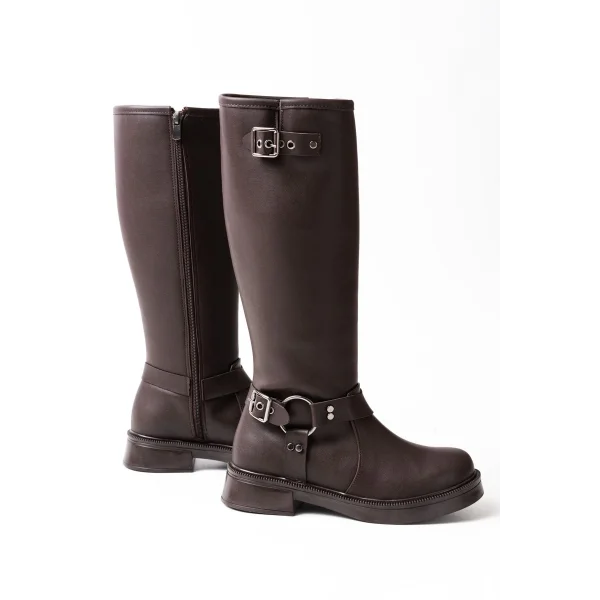 02-312 Kahverengi Toka Aksesuarlı Fermuarlı Günlük Kadın Çizme