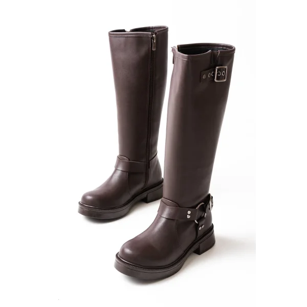 02-312 Kahverengi Toka Aksesuarlı Fermuarlı Günlük Kadın Çizme