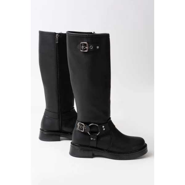 02-312 Siyah Toka Aksesuarlı Fermuarlı Günlük Kadın Çizme
