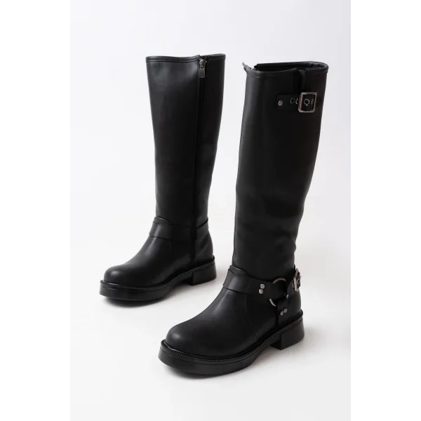 02-312 Siyah Toka Aksesuarlı Fermuarlı Günlük Kadın Çizme
