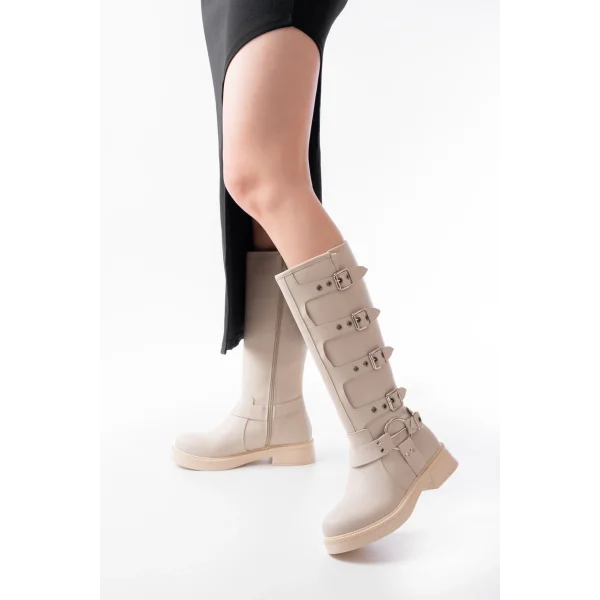 02-346 Bej Düz Topuklu Günlük Bayan Binici Çizme