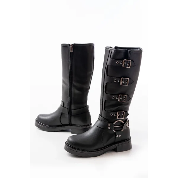 02-346 Siyah Düz Topuklu Günlük Bayan Binici Çizme