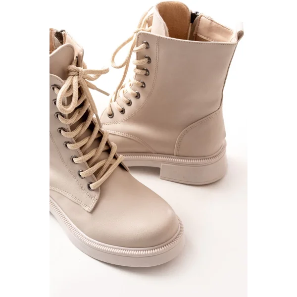 02-356 Bej Düz Topuklu Bağcıklı Fermuarlı Günlük Kadın Bot