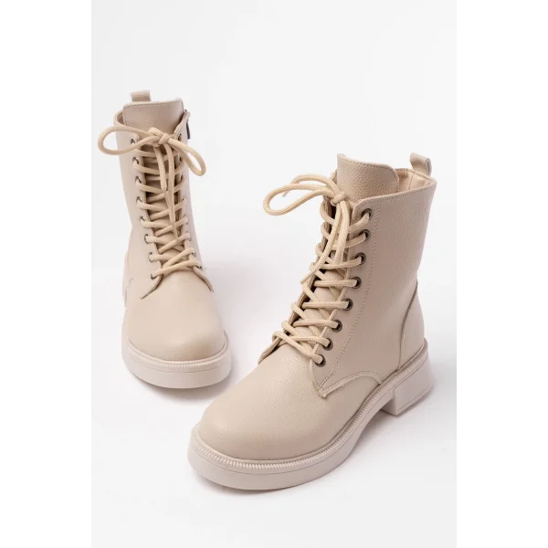 02-356 Bej Galata Düz Topuklu Bağcıklı Fermuarlı Günlük Kadın Bot