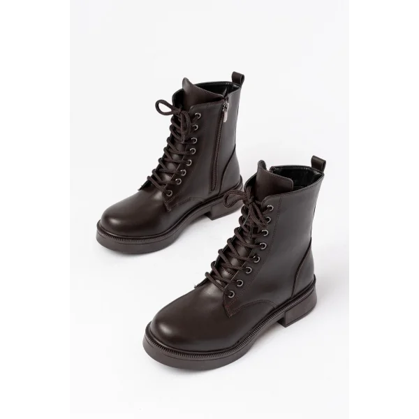 02-356 Kahve Düz Topuklu Bağcıklı Fermuarlı Günlük Kadın Bot