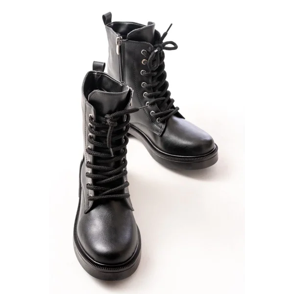 02-356 Siyah Düz Topuklu Bağcıklı Fermuarlı Günlük Kadın Bot