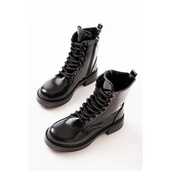 02-356 Siyah Rugan Düz Topuklu Bağcıklı Fermuarlı Günlük Kadın Bot