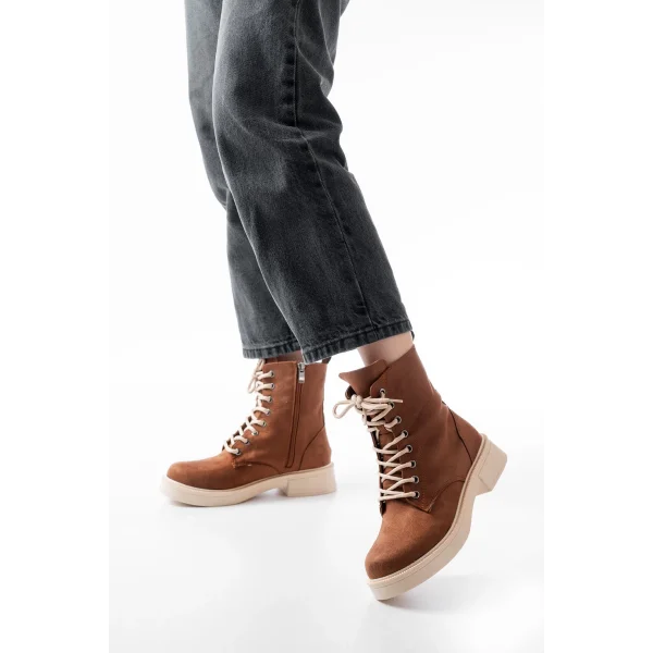 02-356 Taba Süet Düz Topuklu Bağcıklı Fermuarlı Günlük Kadın Bot