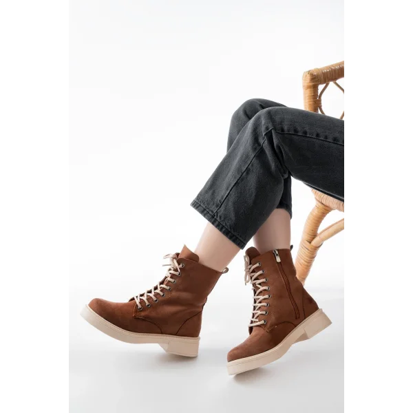 02-356 Taba Süet Düz Topuklu Bağcıklı Fermuarlı Günlük Kadın Bot