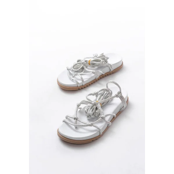1001-1001 Beyaz Gümüş  Bilekten Bağcıklı Kadın Sandalet