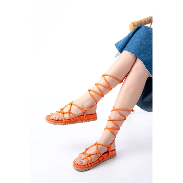 1001-1001 Orange Bilekten Bağcıklı Kadın Sandalet
