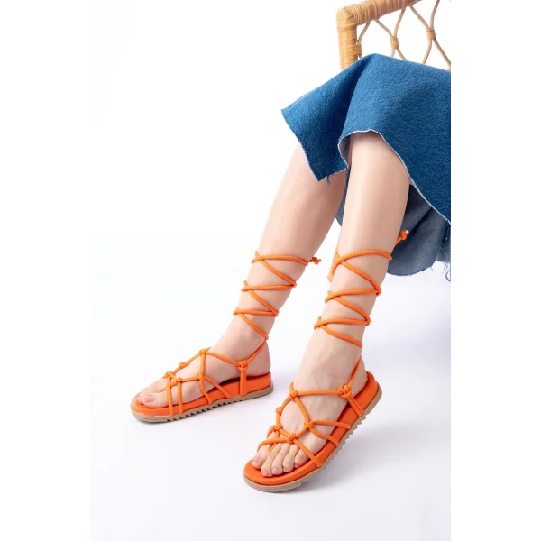 1001-1001 Orange Bilekten Bağcıklı Kadın Sandalet
