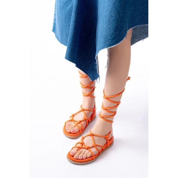 1001-1001 Orange Bilekten Bağcıklı Kadın Sandalet