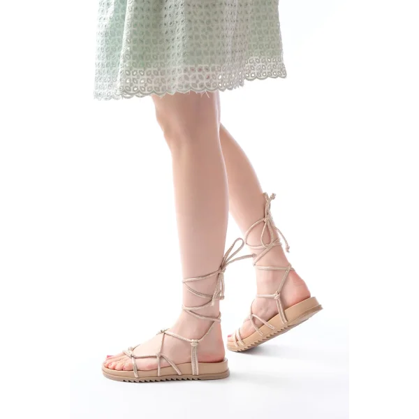 1001-1001 Rose  Bilekten Bağcıklı Kadın Sandalet