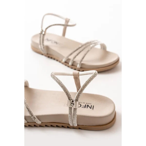 1001-1100 Bej Gümüş Taşlı Günlük Kadın Sandalet