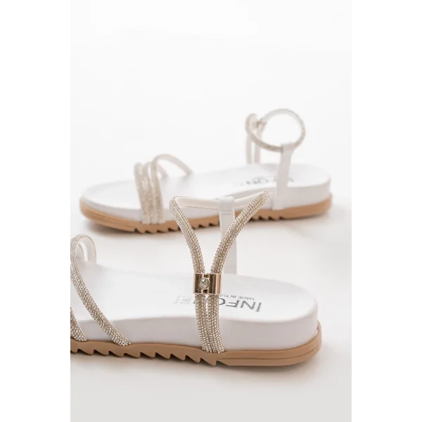 1001-1100 Beyaz Gümüş Taşlı Günlük Kadın Sandalet