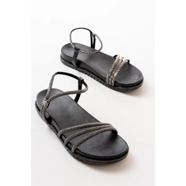 1001-1100 Siyah Platin Taşlı Günlük Kadın Sandalet