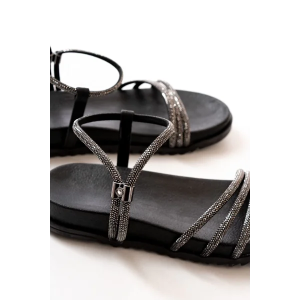 1001-1100 Siyah Platin Taşlı Günlük Kadın Sandalet