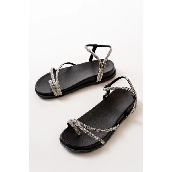 1001-1101 Siyah Gümüş Taşlı Günlük Kadın Sandalet