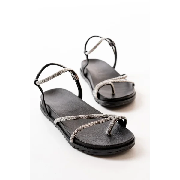 1001-1101 Siyah Gümüş Taşlı Günlük Kadın Sandalet