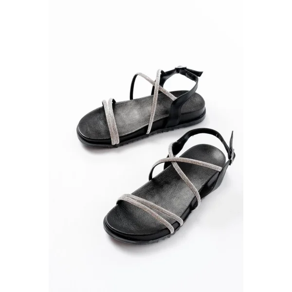 1001-1105 Siyah Gümüş Taşlı Günlük Kadın Sandalet