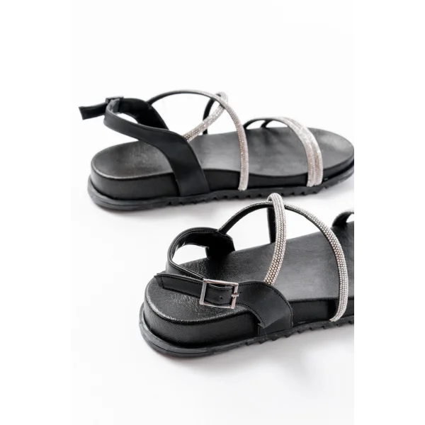 1001-1105 Siyah Gümüş Taşlı Günlük Kadın Sandalet