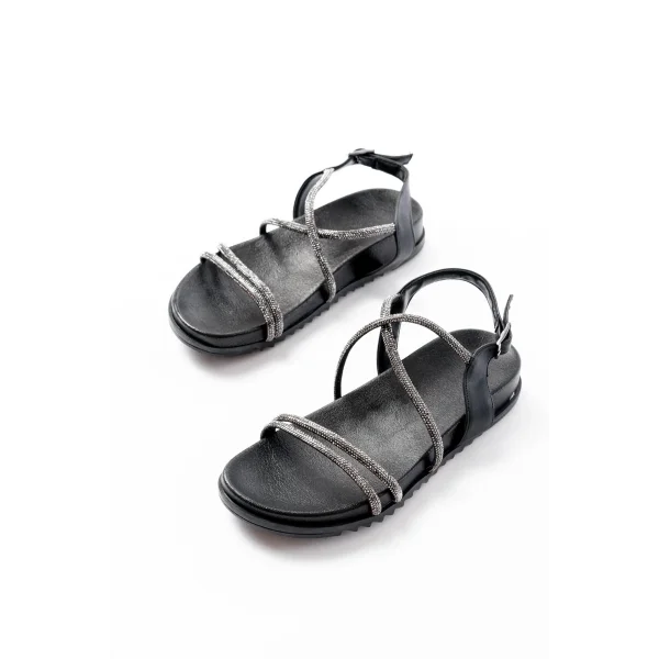 1001-1105 Siyah Platin Taşlı Günlük Kadın Sandalet