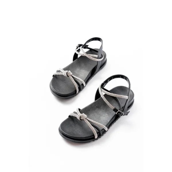 1001-1120 Siyah Gümüş Taşlı Günlük Kadın Sandalet