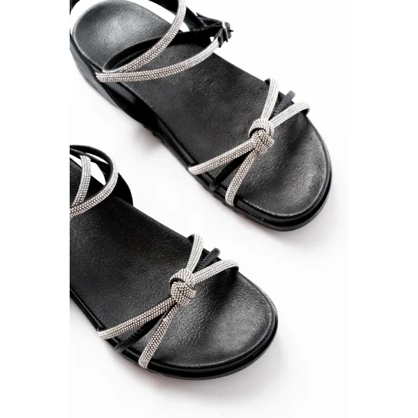 1001-1120 Siyah Gümüş Taşlı Günlük Kadın Sandalet